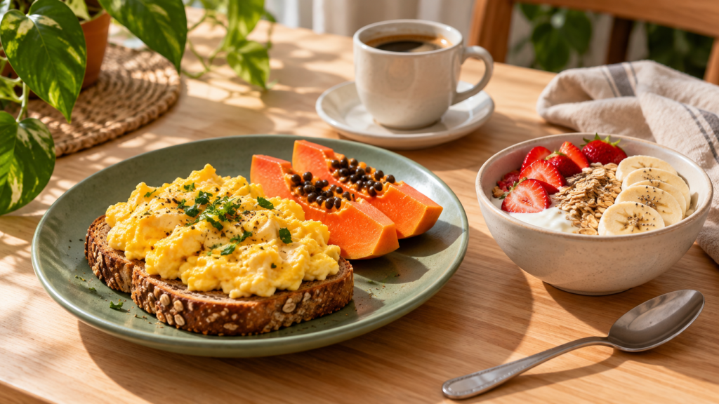 Café da manhã saudável com pão, ovos mexidos, mamão, iogurte, aveia e frutas sobre uma mesa de madeira.