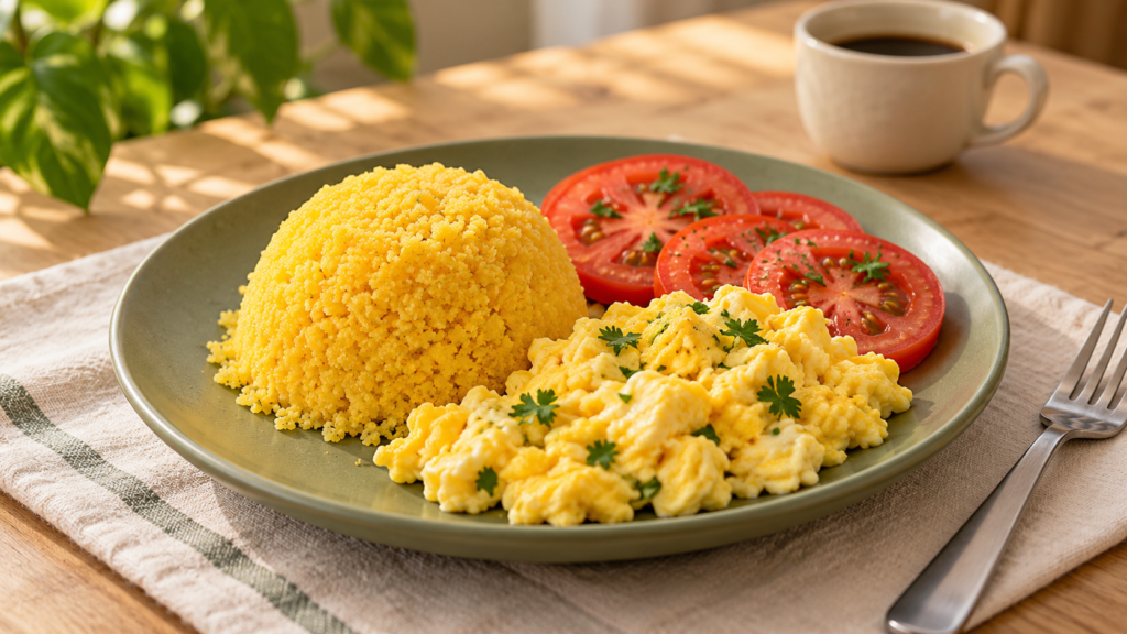 Cuscuz de milho com ovos mexidos e fatias de tomate servido em um prato verde