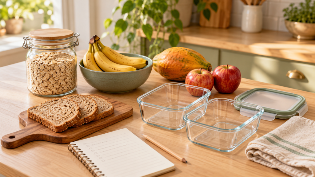 Aveia, frutas, pão e potes de vidro organizados sobre uma bancada para preparar o café da manhã.