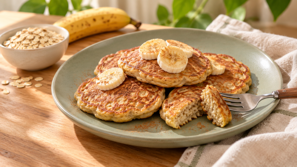 Panquecas de banana com aveia, decoradas com rodelas de banana e canela em um prato verde.